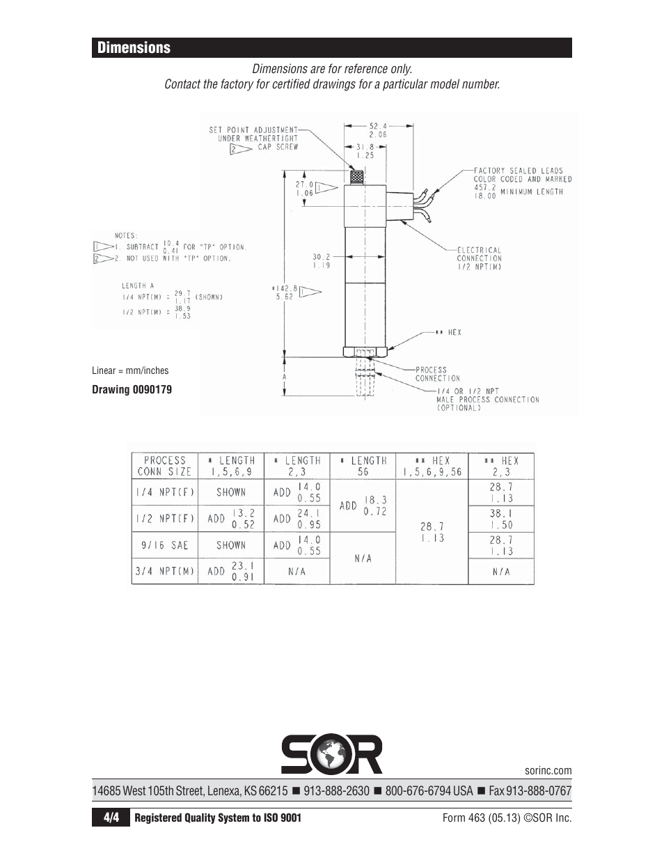 Dimensions | SOR Omni Weatherproof Pressure Switch User Manual | Page 4 / 4