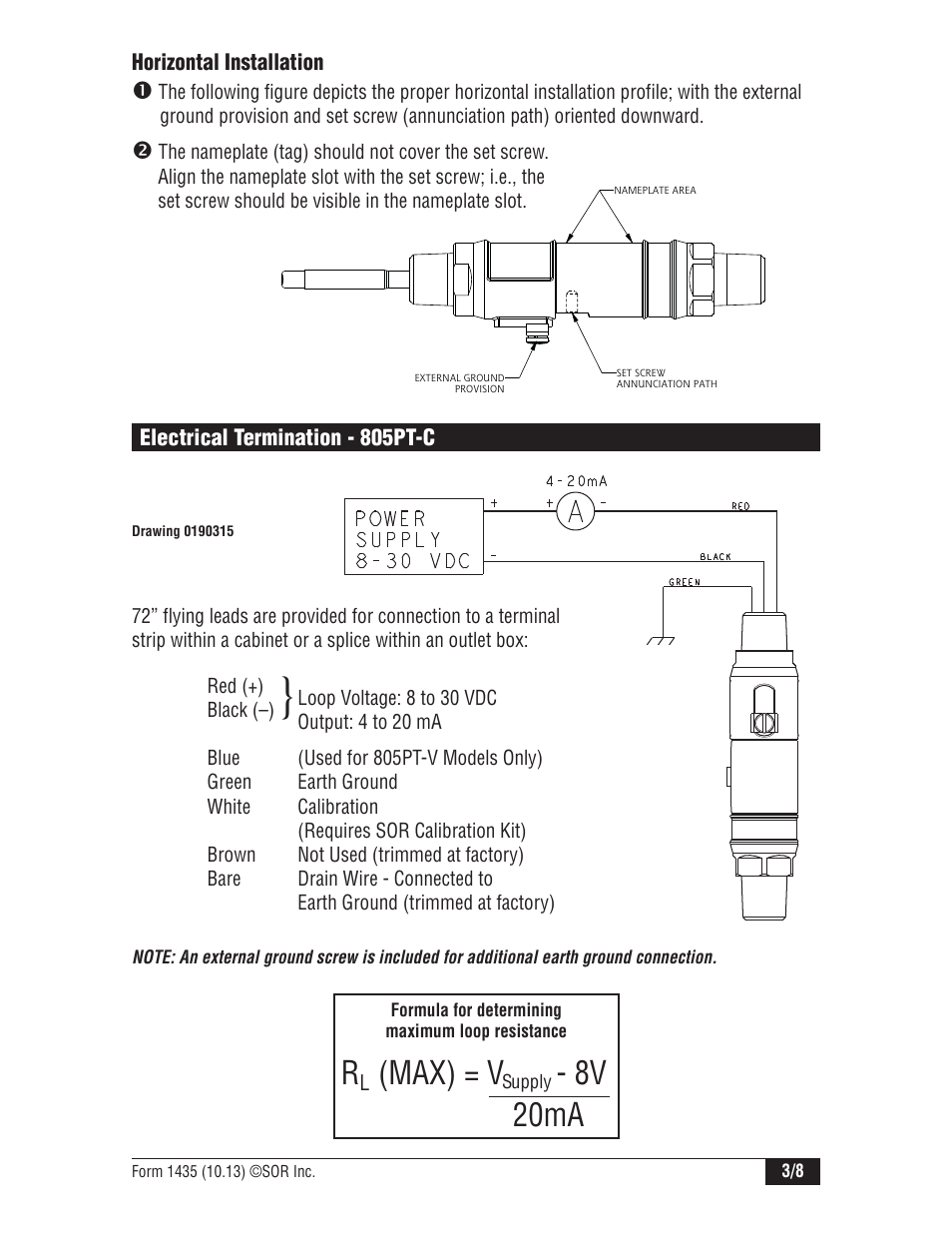 Max) = v, 8v 20ma | SOR 805PT Pressure Transmitter User Manual | Page 3 / 8