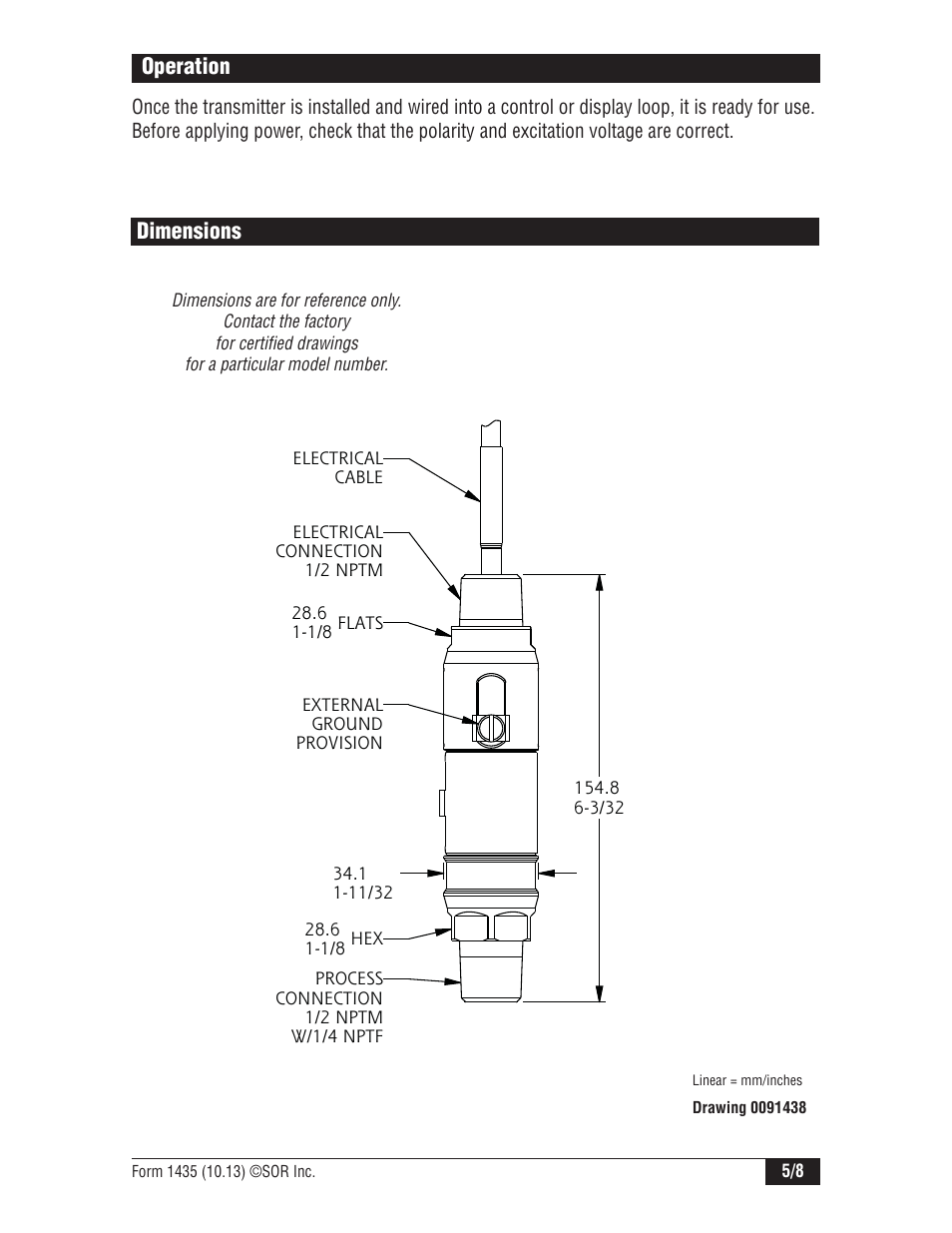 Dimensions, Operation | SOR 805PT Pressure Transmitter User Manual | Page 5 / 8