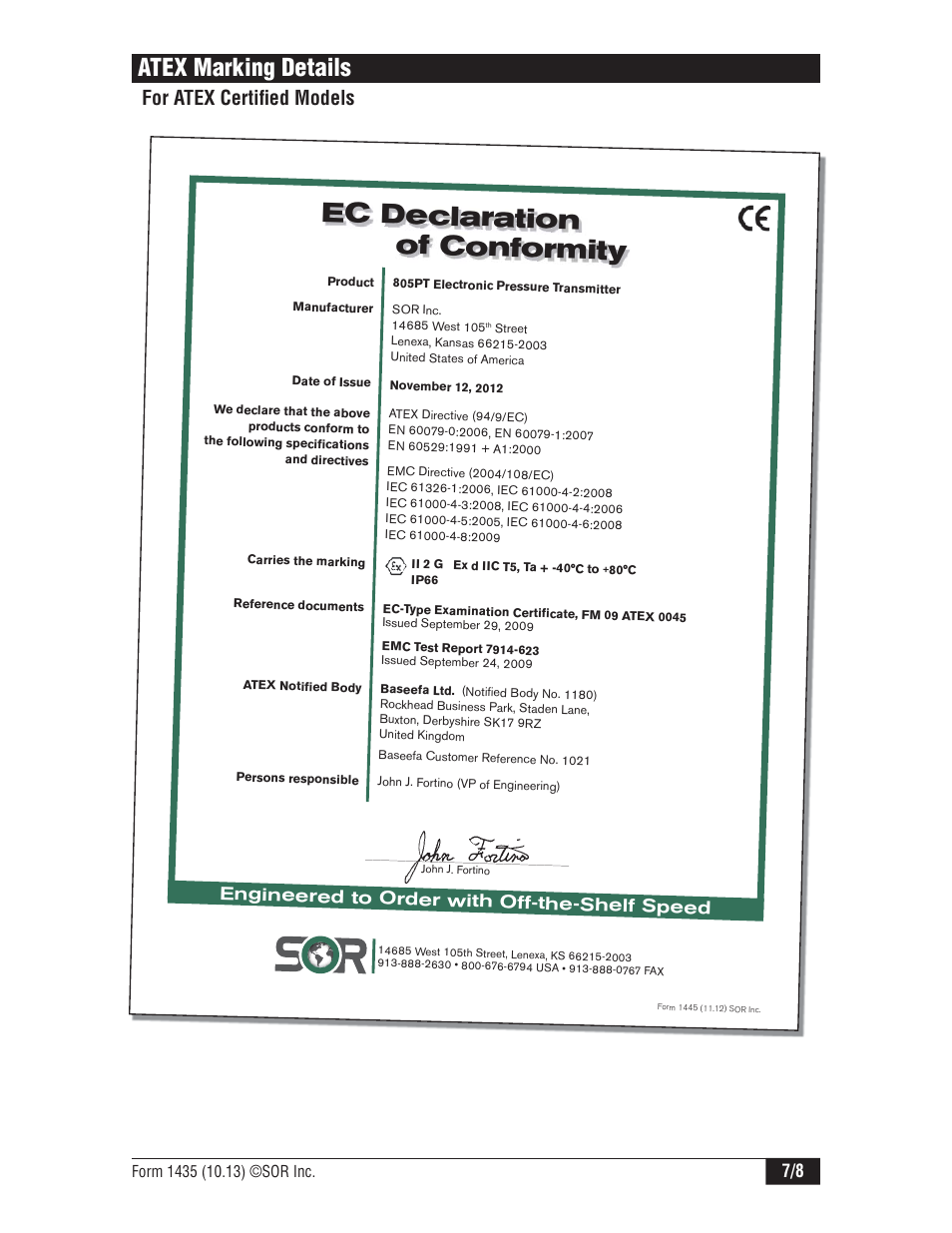Ec declaration of conformity, Atex marking details, For atex certifi ed models | Engineered to order with off-the-shelf speed | SOR 805PT Pressure Transmitter User Manual | Page 7 / 8