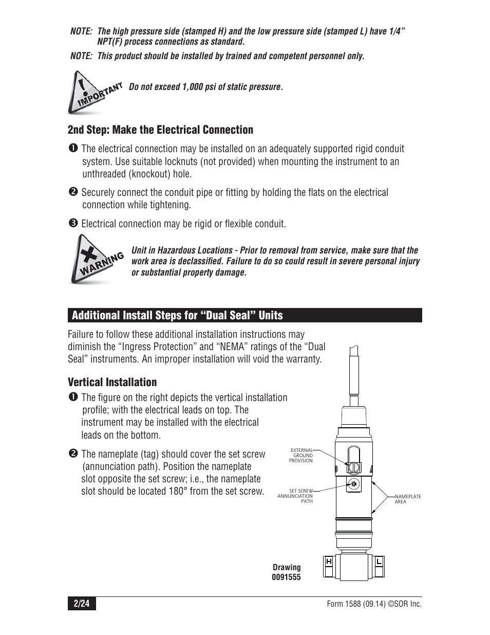 2nd step: make the electrical connection, Vertical installation, Additional install steps for “dual seal” units | SOR 815DT Smart User Manual | Page 2 / 24