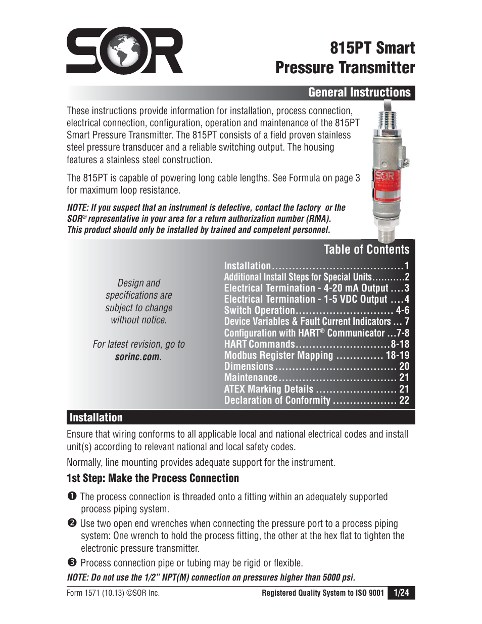SOR 815PT Smart Pressure Transmitter User Manual | 24 pages