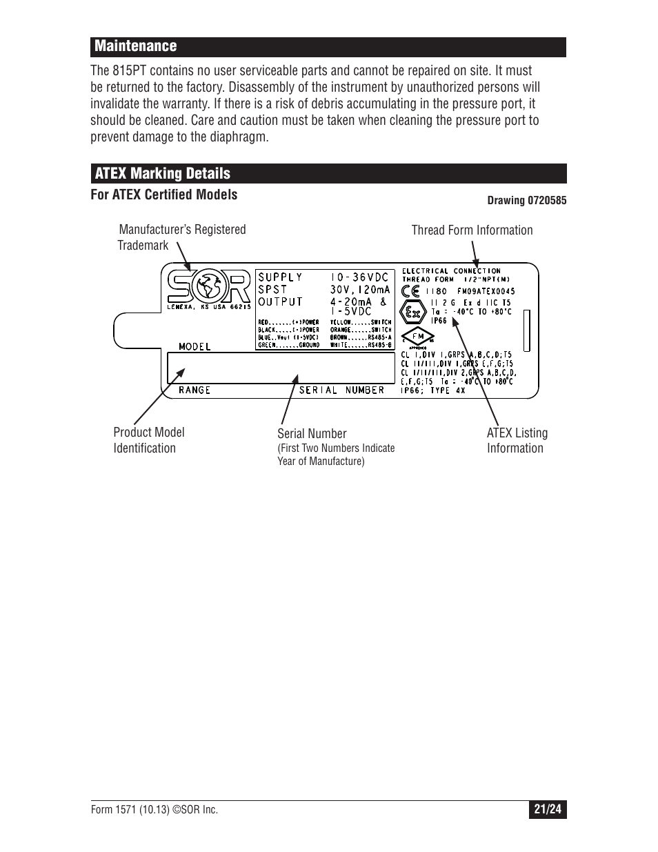 Atex marking details, Maintenance | SOR 815PT Smart Pressure Transmitter User Manual | Page 21 / 24