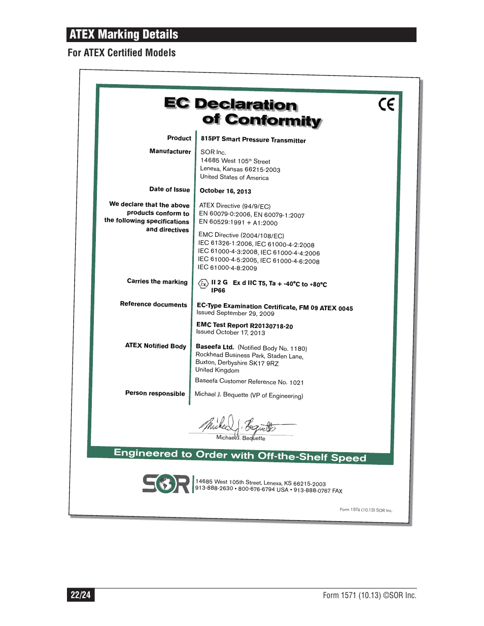 Ec declaration of conformity, Atex marking details, For atex certifi ed models | Engineered to order with off-the-shelf speed | SOR 815PT Smart Pressure Transmitter User Manual | Page 22 / 24