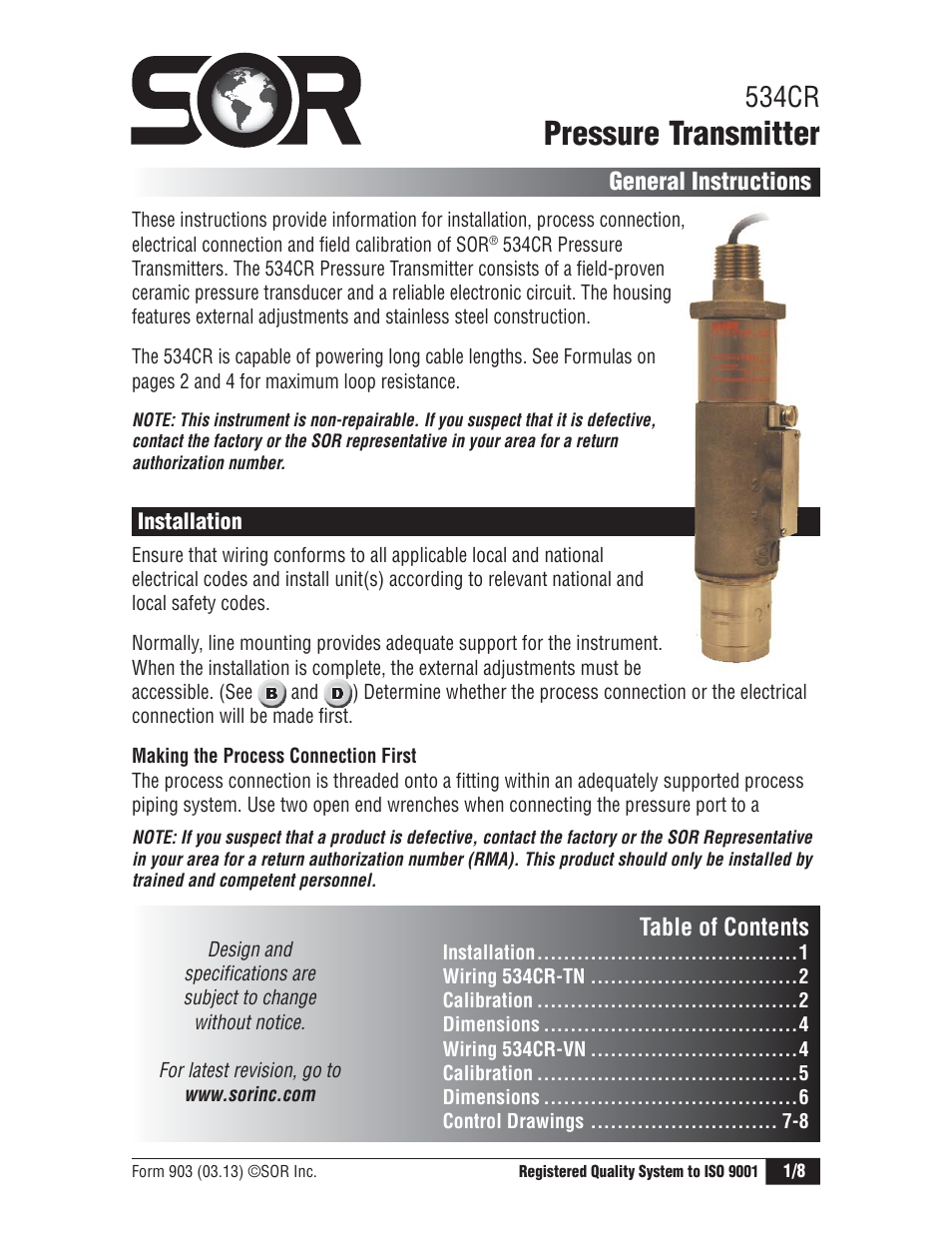 SOR 534CR Pressure Transmitter User Manual | 8 pages