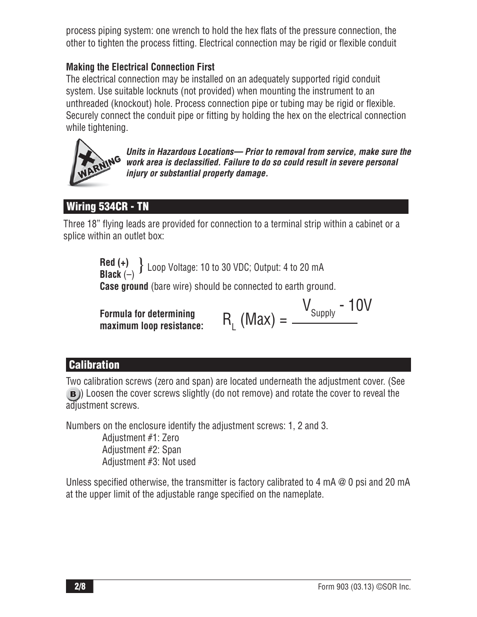 Max) = v | SOR 534CR Pressure Transmitter User Manual | Page 2 / 8