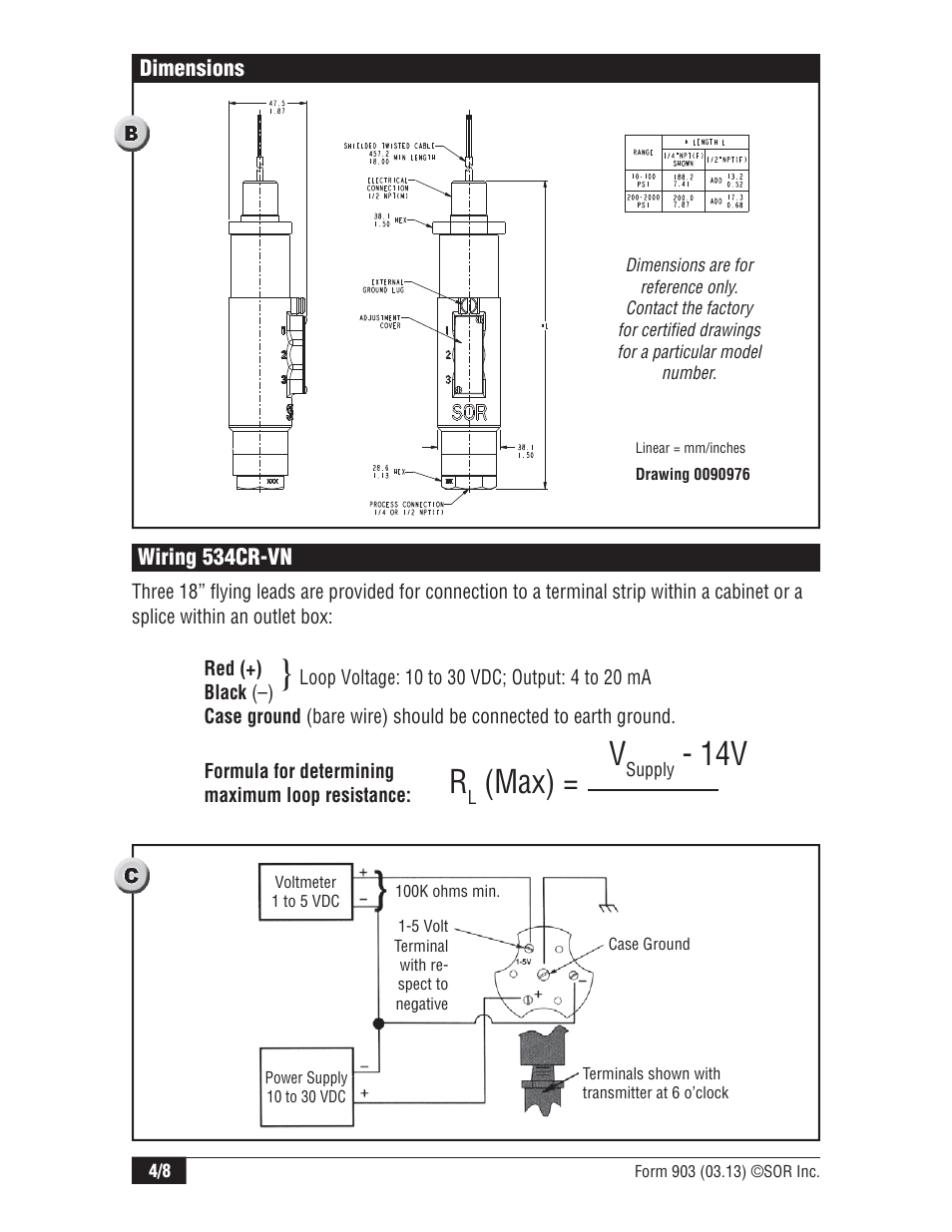 Max) = v | SOR 534CR Pressure Transmitter User Manual | Page 4 / 8