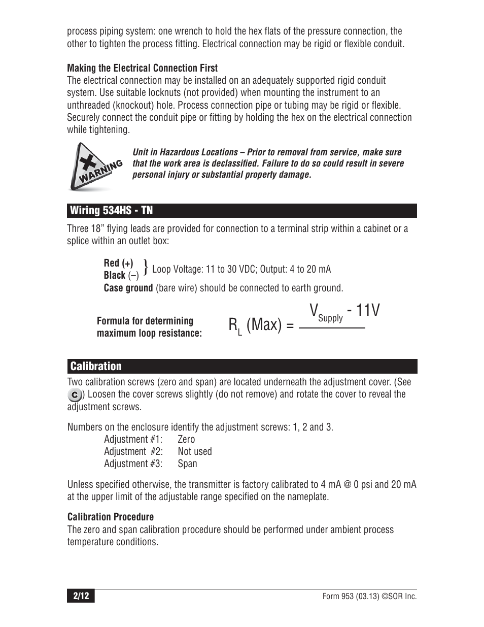 Max) = v | SOR 534HS Two-Wire Pressure Transmitters User Manual | Page 2 / 12