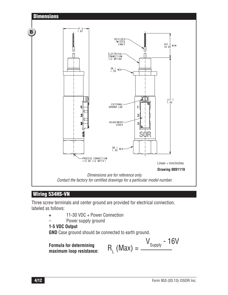 Max) = v | SOR 534HS Two-Wire Pressure Transmitters User Manual | Page 4 / 12