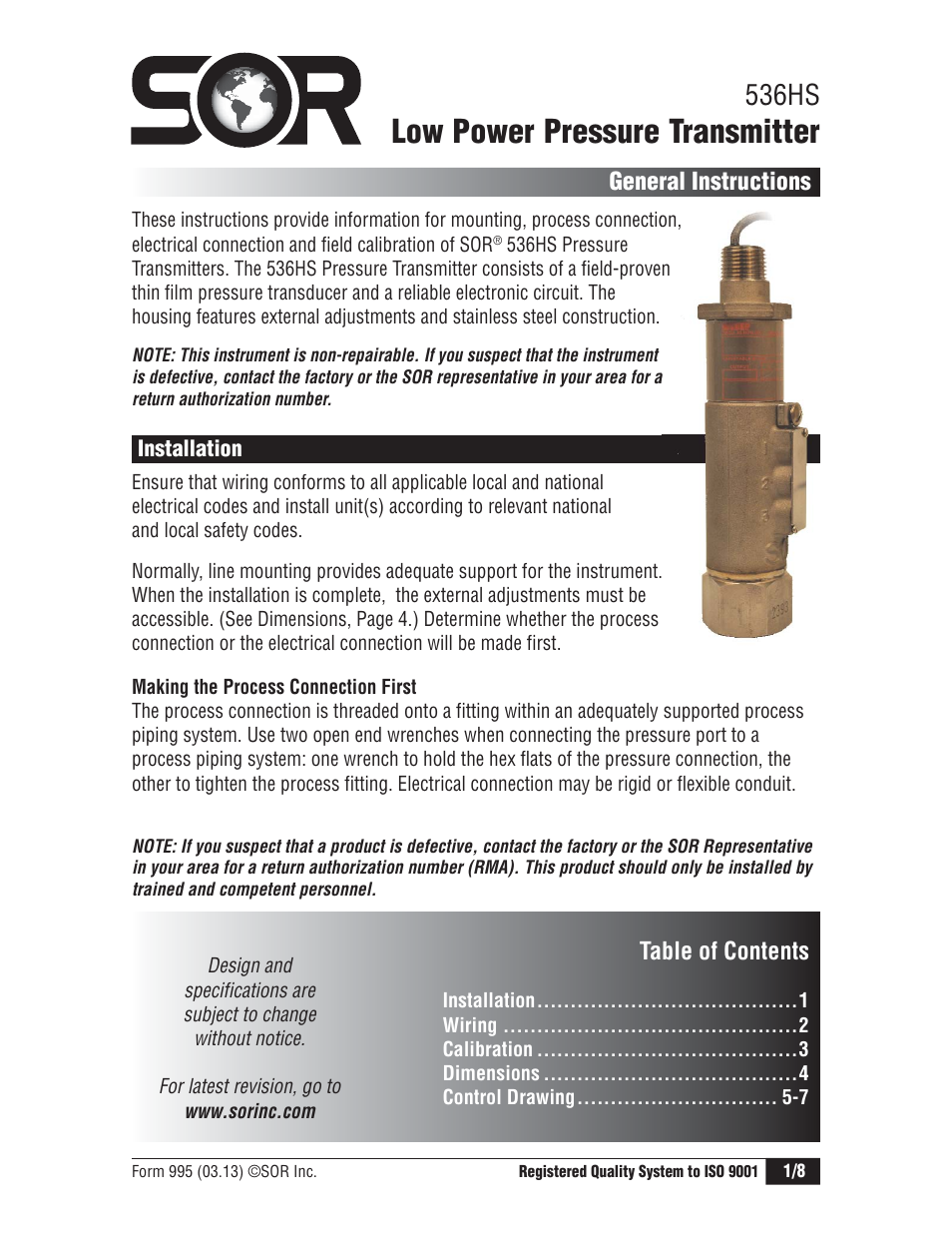 SOR 536HS Low Power Pressure Transmitters User Manual | 8 pages