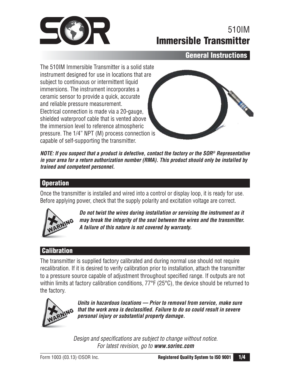 SOR 510IM Immersible Transmitter User Manual | 4 pages