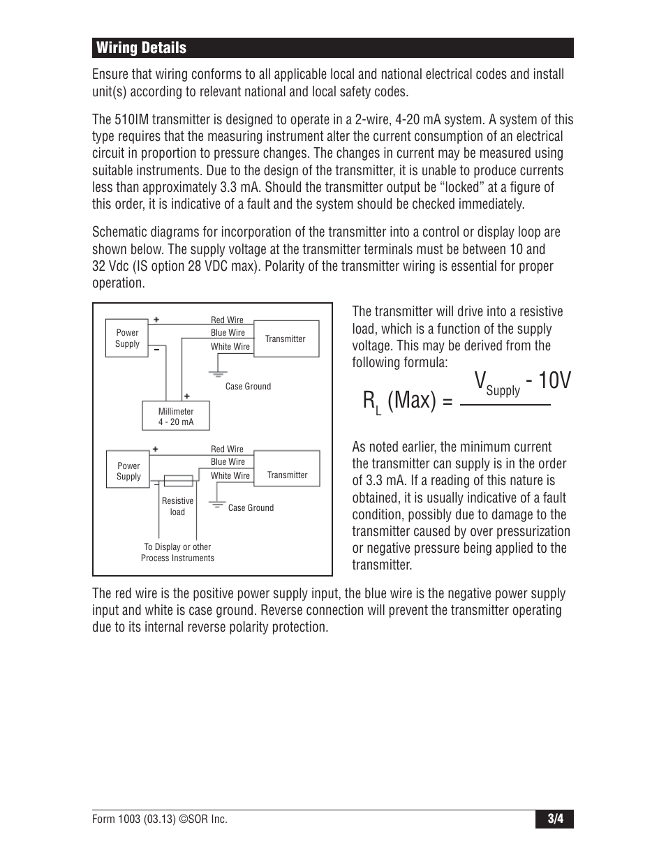 Max) = v, Wiring details | SOR 510IM Immersible Transmitter User Manual | Page 3 / 4