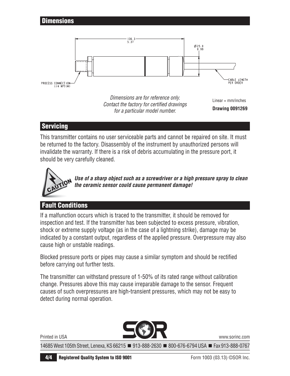 Servicing, Fault conditions, Dimensions | SOR 510IM Immersible Transmitter User Manual | Page 4 / 4