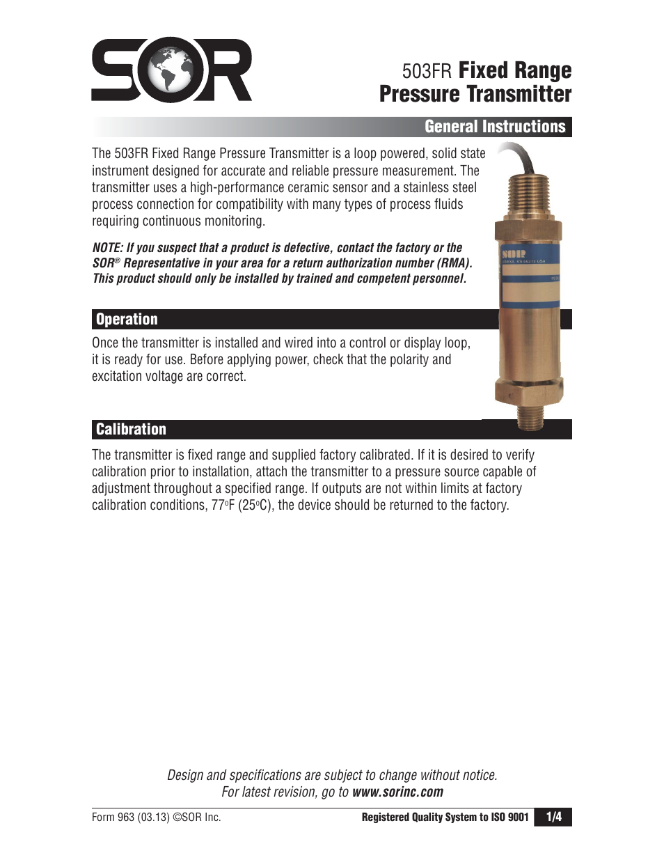 SOR 503FR Fixed Range Pressure Transmitter User Manual | 4 pages