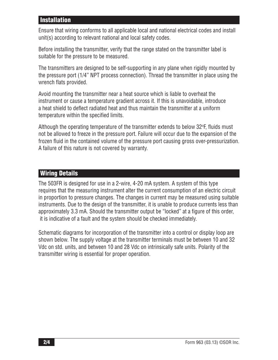 SOR 503FR Fixed Range Pressure Transmitter User Manual | Page 2 / 4