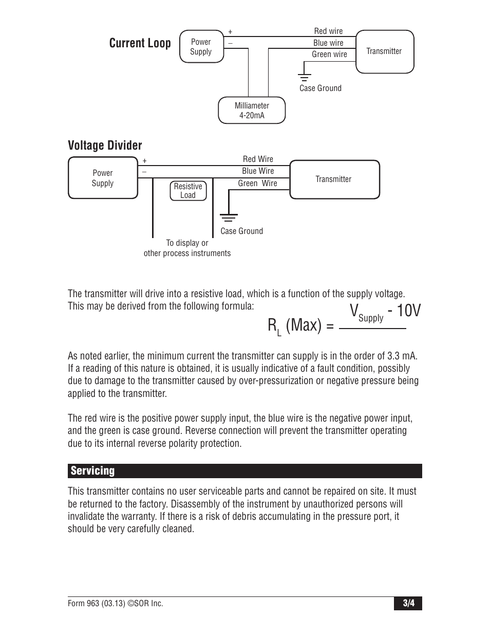 Max) = v, Current loop, Voltage divider | SOR 503FR Fixed Range Pressure Transmitter User Manual | Page 3 / 4