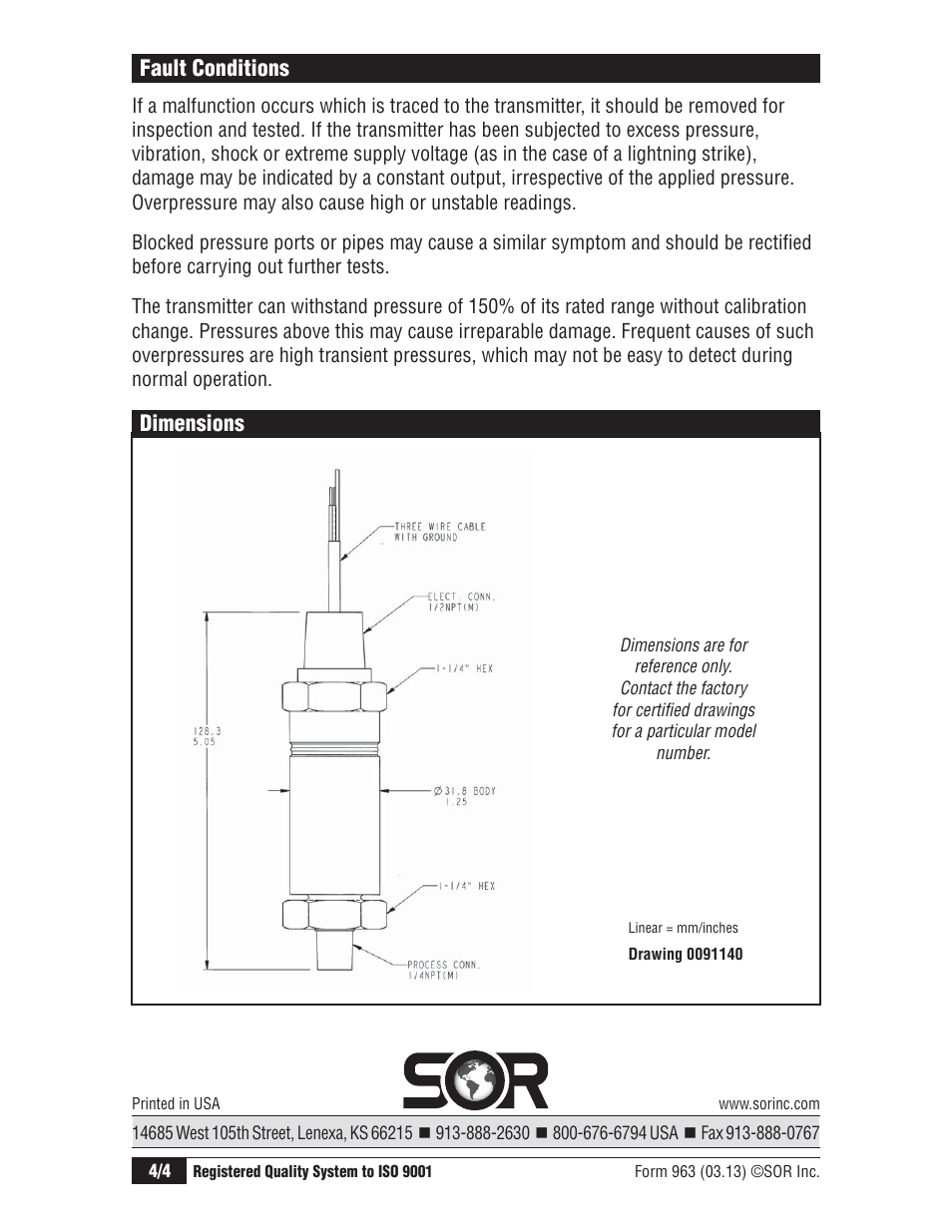 Fault conditions, Dimensions | SOR 503FR Fixed Range Pressure Transmitter User Manual | Page 4 / 4