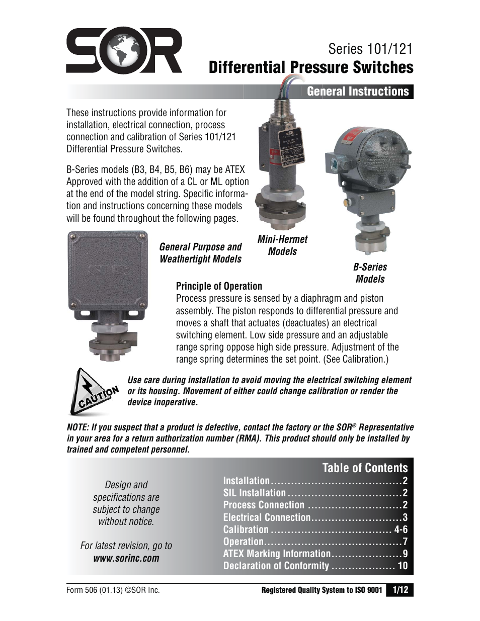 SOR Single Diaphragm Weatherproof Differential Pressure Switch with Terminal Block Connections User Manual | 12 pages