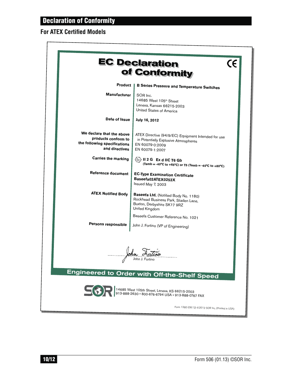 Ec declaration of conformity, Declaration of conformity, For atex certifi ed models | Engineered to order with off-the-shelf speed | SOR Single Diaphragm Weatherproof Differential Pressure Switch with Terminal Block Connections User Manual | Page 10 / 12