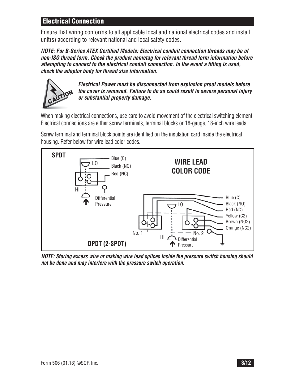 Wire lead color code, Electrical connection | SOR Single Diaphragm Weatherproof Differential Pressure Switch with Terminal Block Connections User Manual | Page 3 / 12