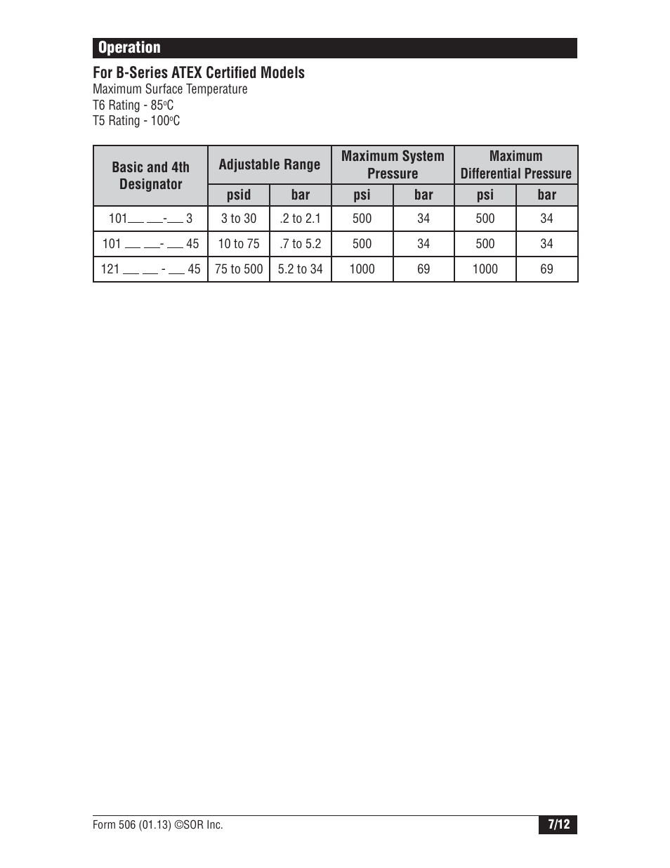 Operation for b-series atex certifi ed models | SOR Single Diaphragm Weatherproof Differential Pressure Switch with Terminal Block Connections User Manual | Page 7 / 12