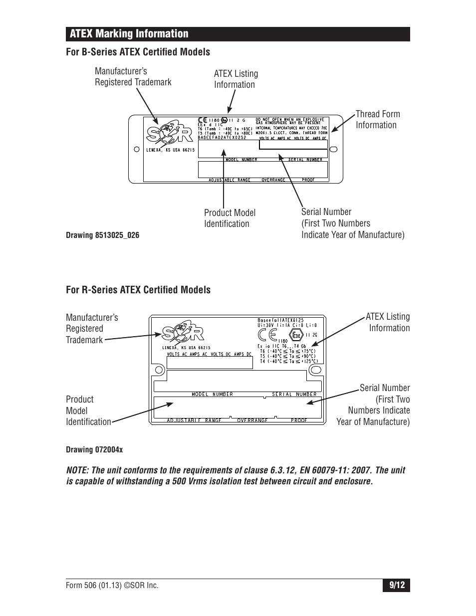 Atex marking information | SOR Single Diaphragm Weatherproof Differential Pressure Switch with Terminal Block Connections User Manual | Page 9 / 12