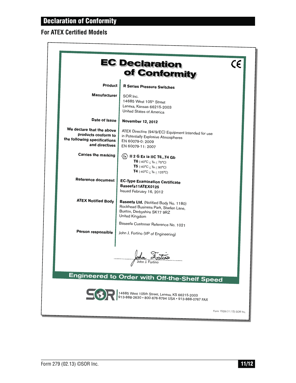 Ec declaration of conformity, Declaration of conformity, For atex certifi ed models | Engineered to order with off-the-shelf speed | SOR Opposed Piston User Manual | Page 11 / 12