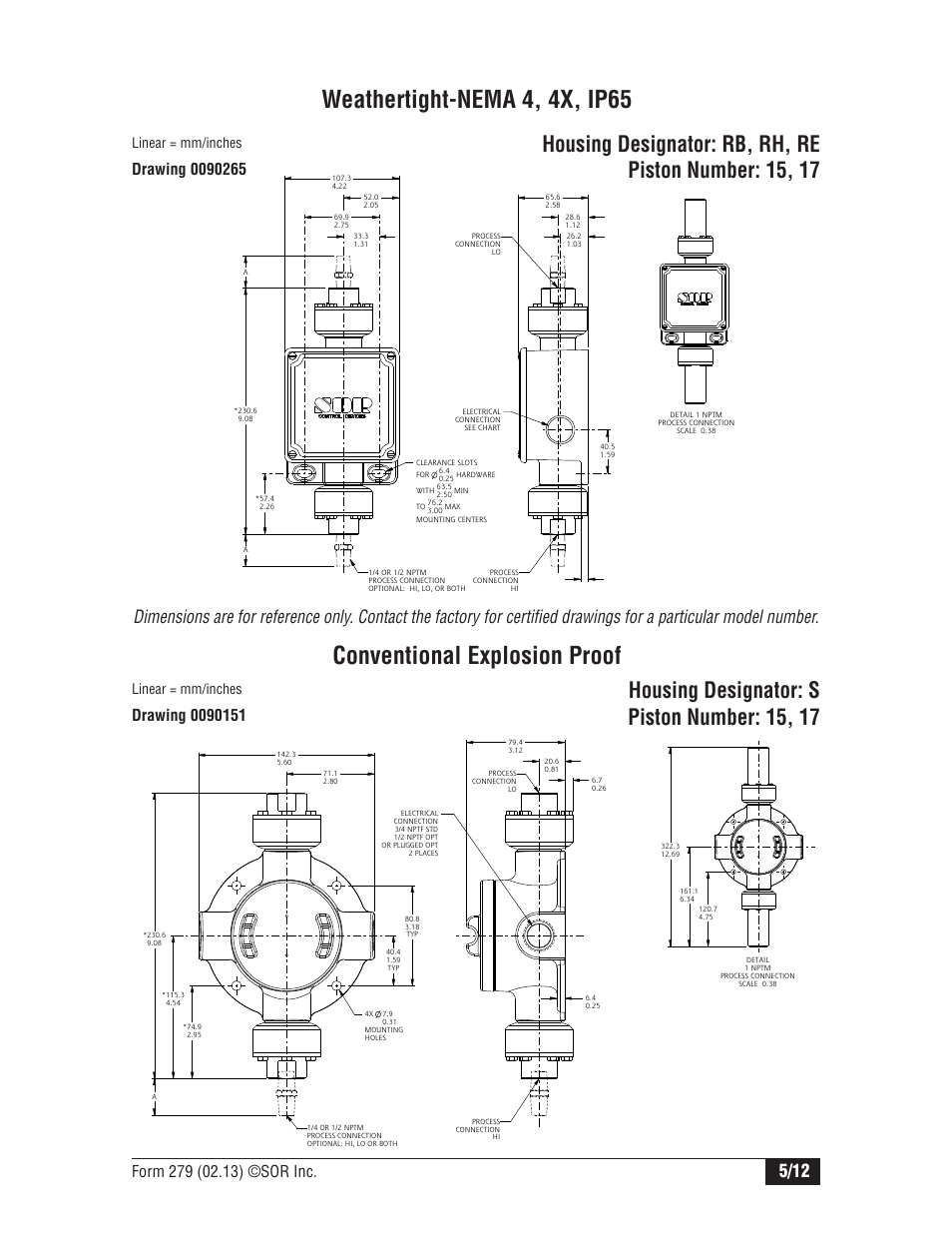 Weathertight-nema 4, 4x, ip65, Conventional explosion proof, Housing designator: s piston number: 15, 17 | Linear = mm/inches | SOR Opposed Piston User Manual | Page 5 / 12
