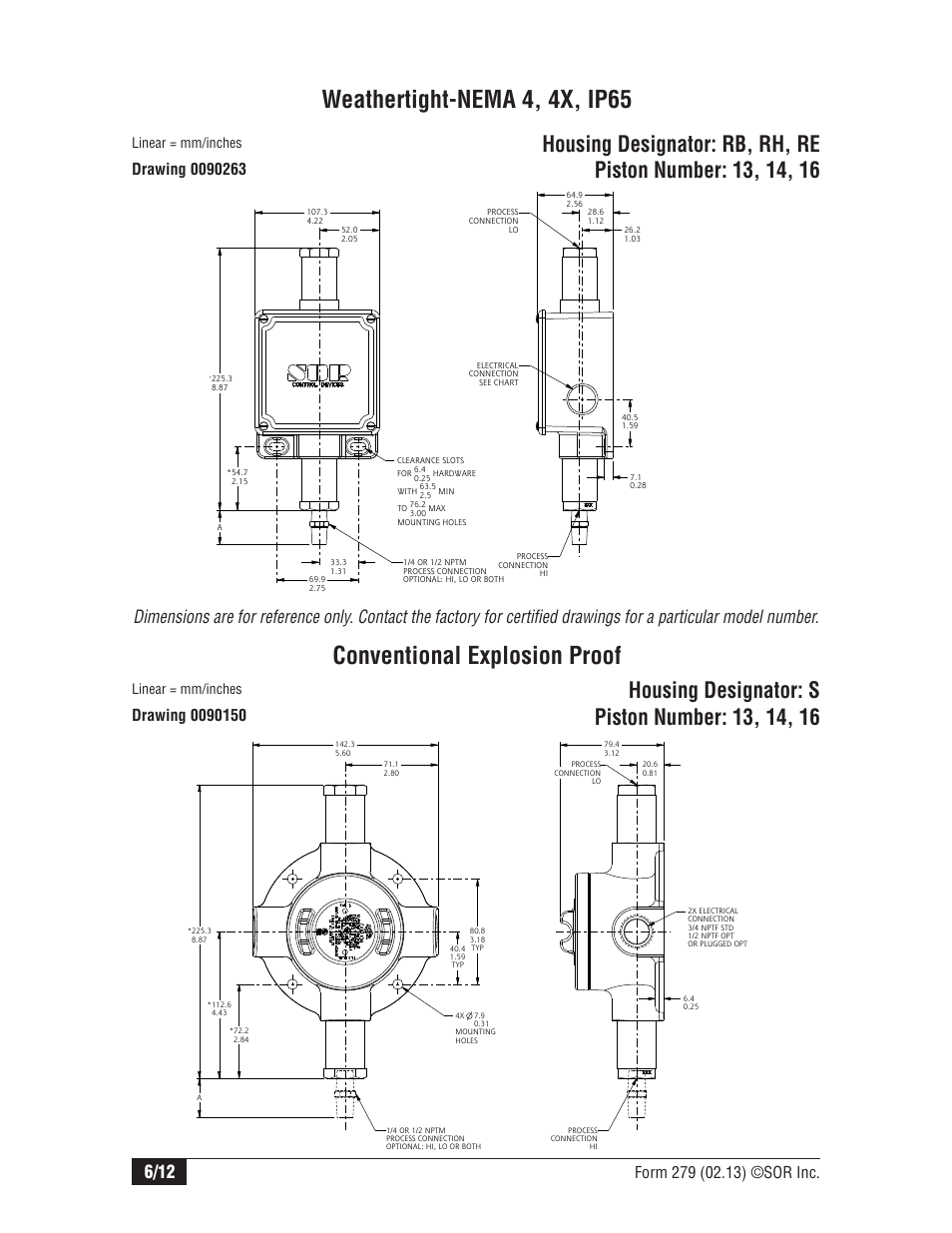 Weathertight-nema 4, 4x, ip65, Conventional explosion proof, Linear = mm/inches | SOR Opposed Piston User Manual | Page 6 / 12