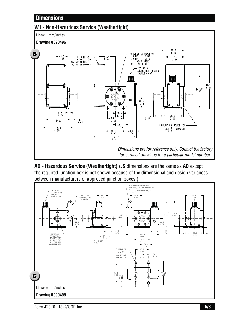 Dimensions, Linear = mm/inches | SOR High Static Operation User Manual | Page 5 / 8