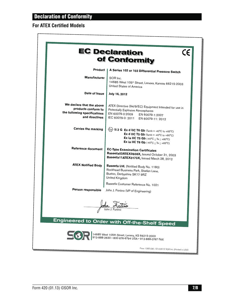 Ec declaration of conformity, Declaration of conformity, For atex certifi ed models | Engineered to order with off-the-shelf speed | SOR High Static Operation User Manual | Page 7 / 8