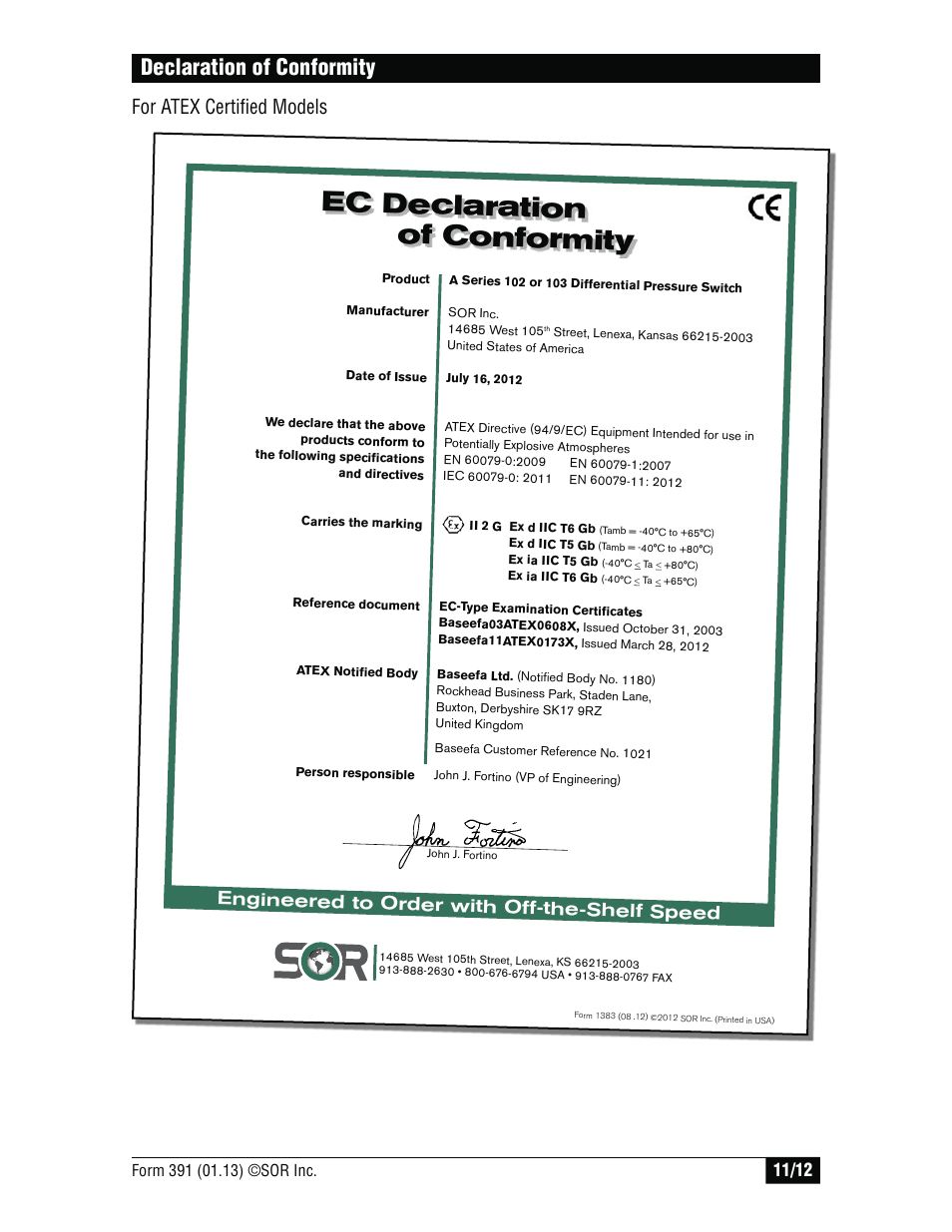 Ec declaration of conformity, Declaration of conformity, For atex certified models | Engineered to order with off-the-shelf speed | SOR High Static Operation User Manual | Page 11 / 12