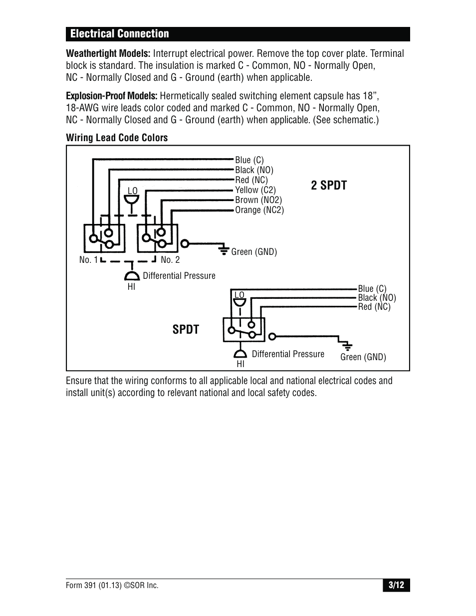 Spdt, 2 spdt | SOR High Static Operation User Manual | Page 3 / 12