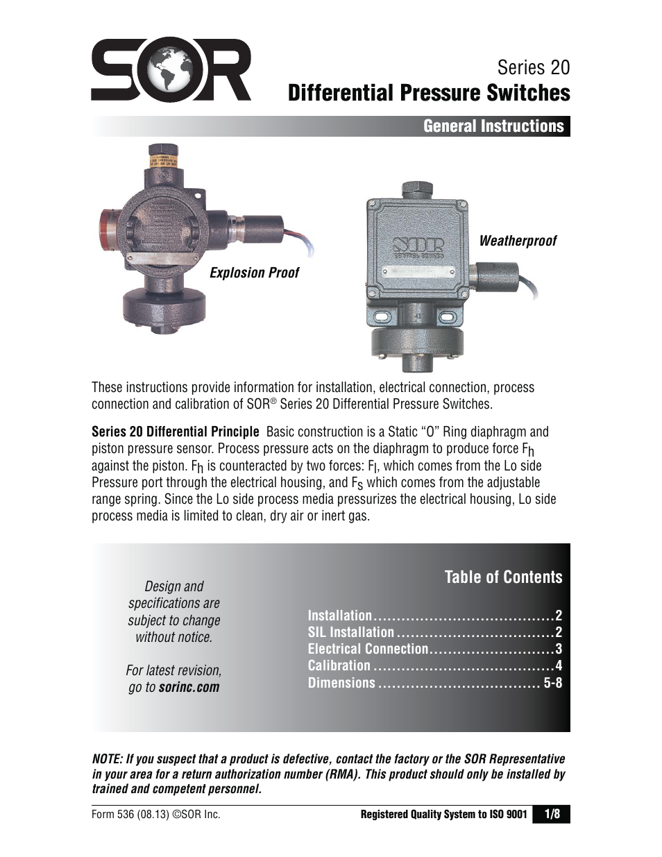 SOR Weatherproof Low Range User Manual | 8 pages
