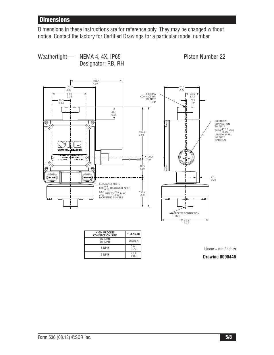Dimensions, Linear = mm/inches | SOR Weatherproof Low Range User Manual | Page 5 / 8