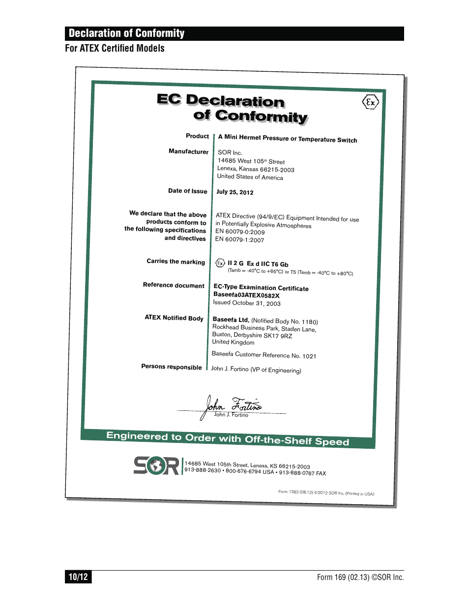 Ec declaration of conformity, Declaration of conformity, For atex certifi ed models | Engineered to order with off-the-shelf speed | SOR Mini-Hermet Explosion Proof User Manual | Page 10 / 12