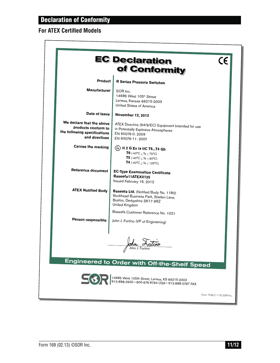 Ec declaration of conformity, Declaration of conformity, For atex certifi ed models | Engineered to order with off-the-shelf speed | SOR Mini-Hermet Explosion Proof User Manual | Page 11 / 12