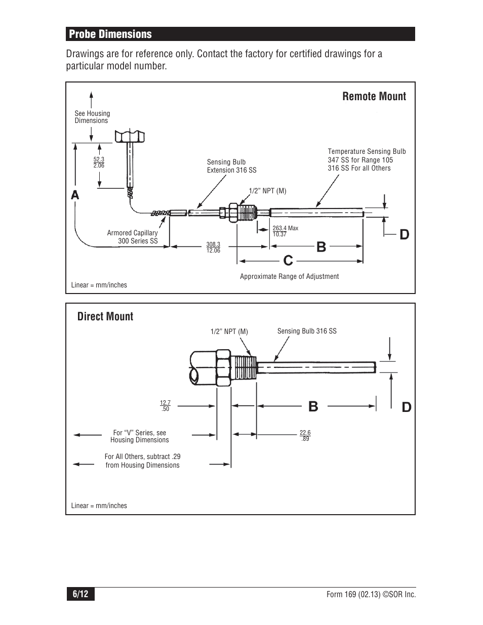 Remote mount probe dimensions, Direct mount | SOR Mini-Hermet Explosion Proof User Manual | Page 6 / 12