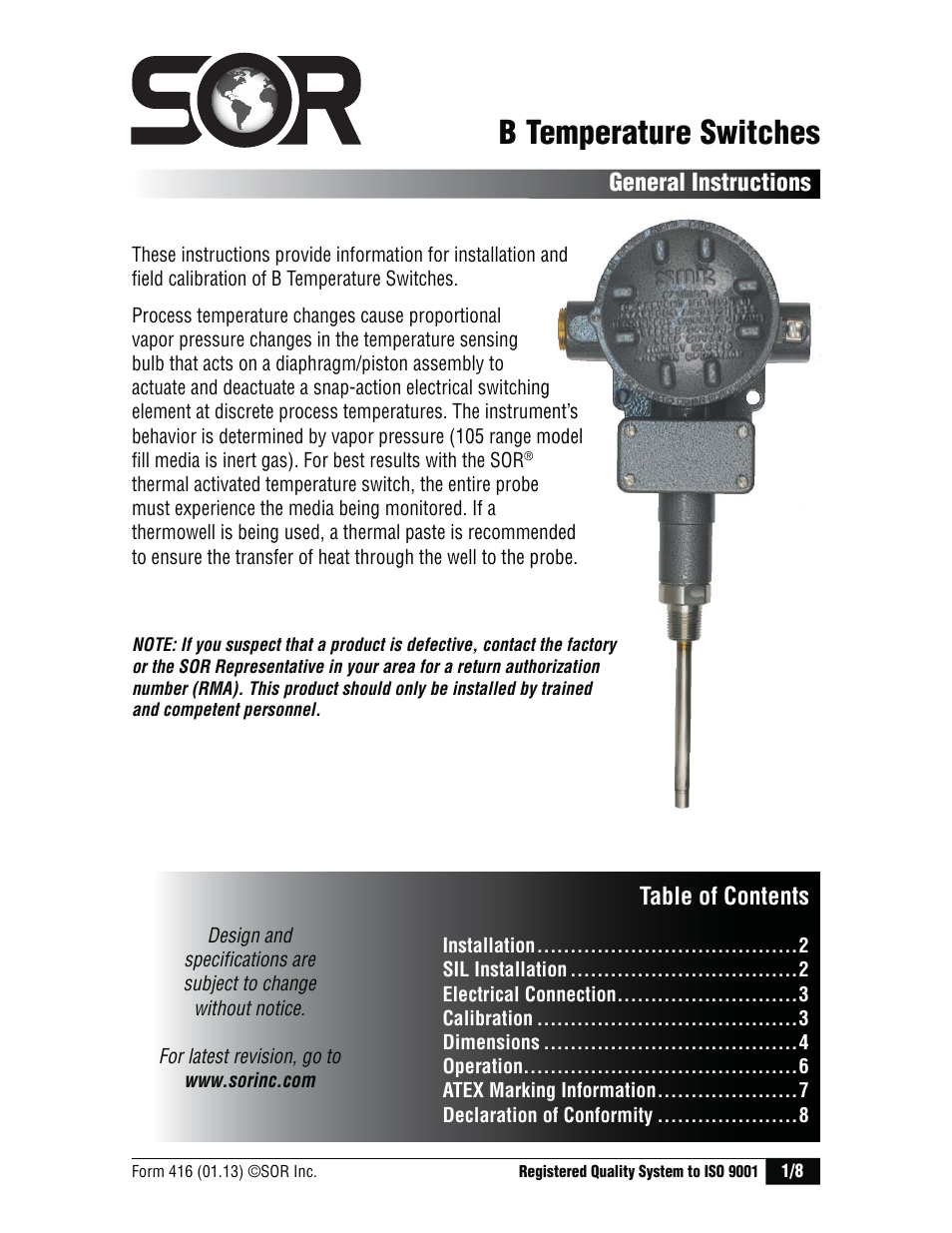 SOR Direct or Remote Mount Explosion Proof UL/CSA/ATEX User Manual | 8 pages