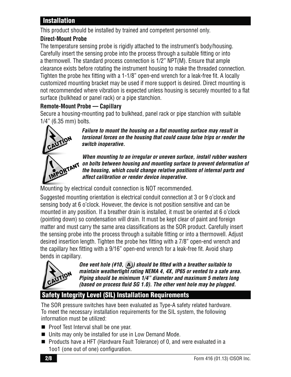 SOR Direct or Remote Mount Explosion Proof UL/CSA/ATEX User Manual | Page 2 / 8