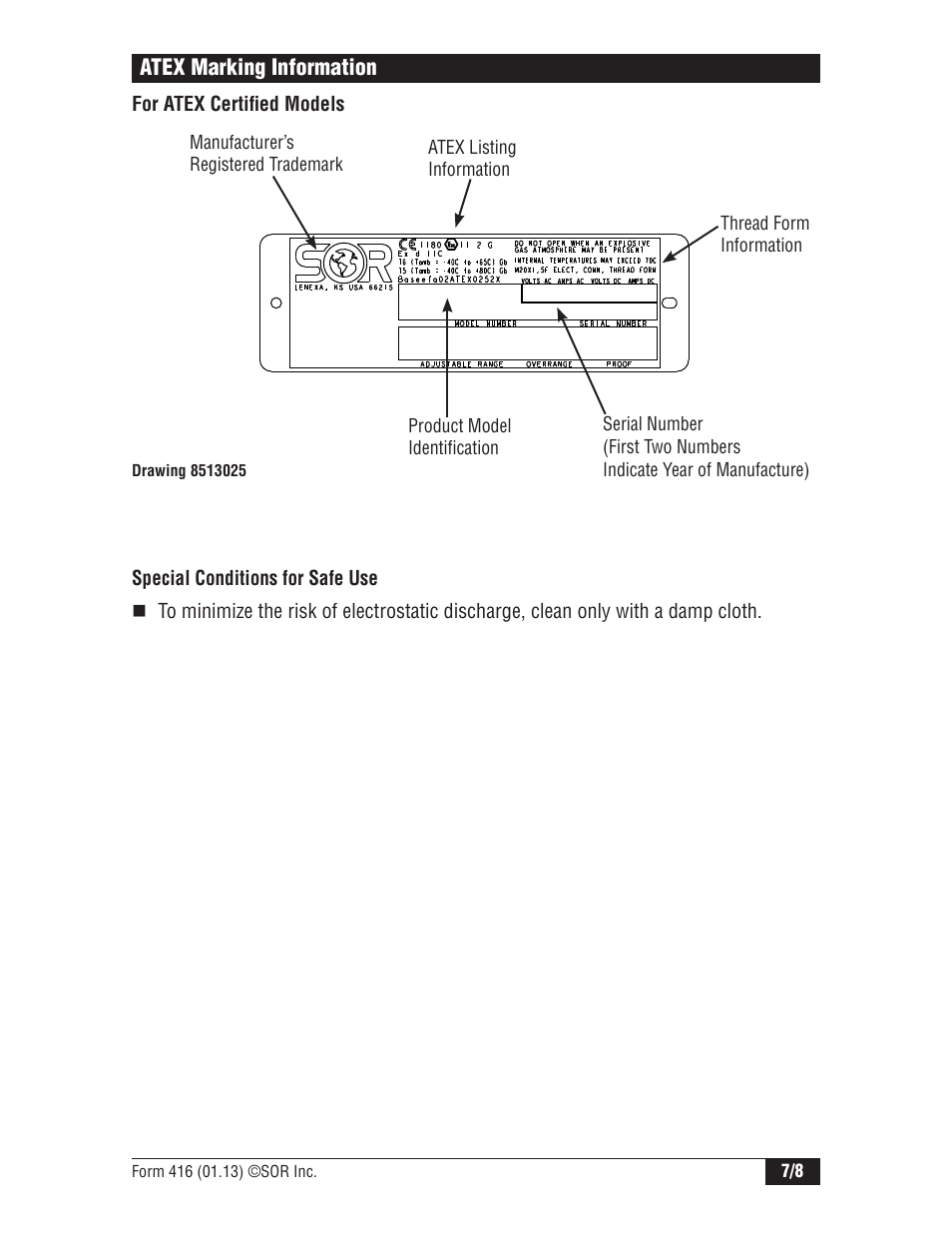 Atex marking information | SOR Direct or Remote Mount Explosion Proof UL/CSA/ATEX User Manual | Page 7 / 8