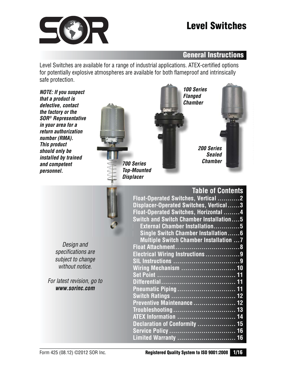 SOR Vertical Displacer Top Mounted Series Level Switch User Manual | 16 pages