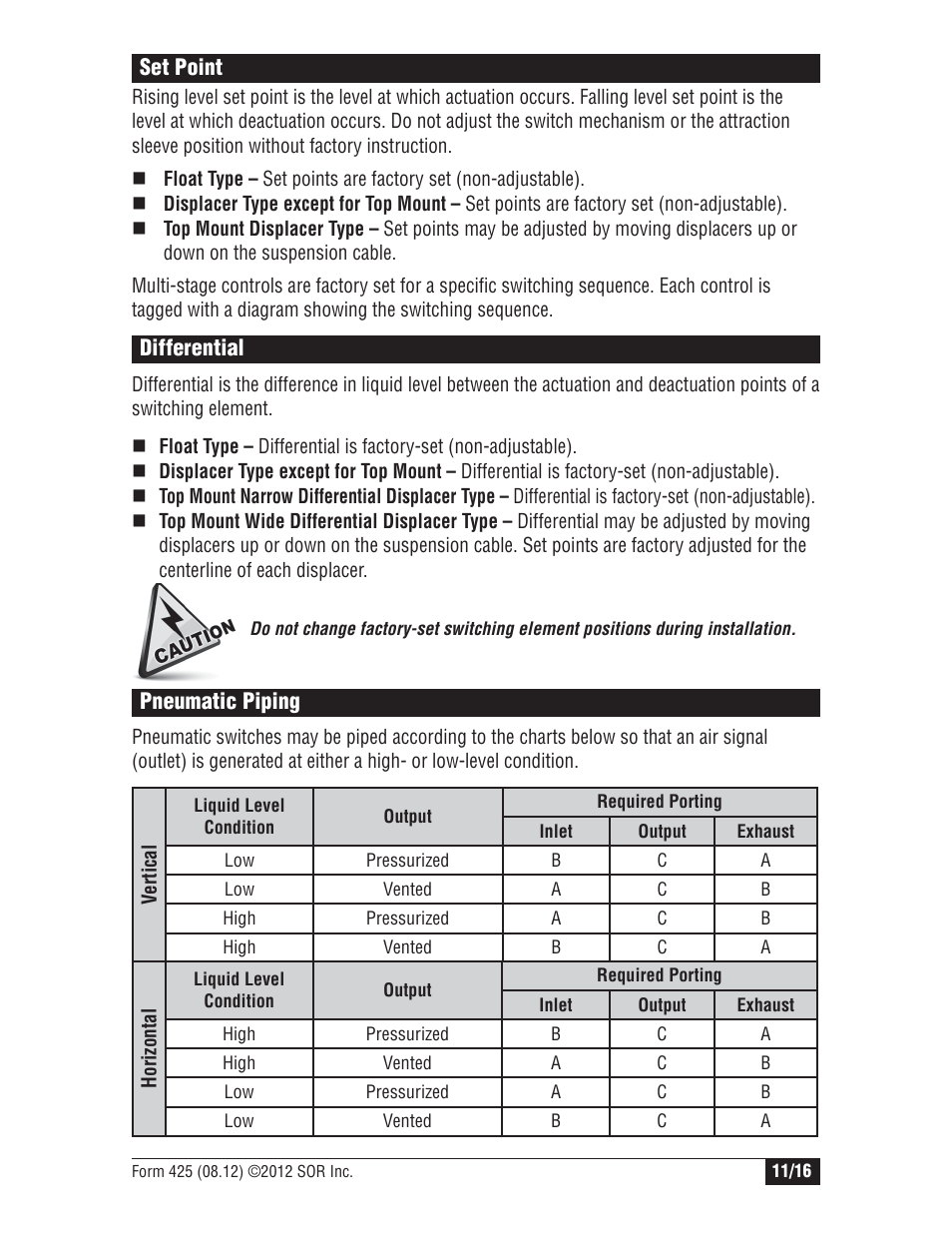 Set point, Differential, Pneumatic piping | SOR Vertical Displacer Top Mounted Series Level Switch User Manual | Page 11 / 16