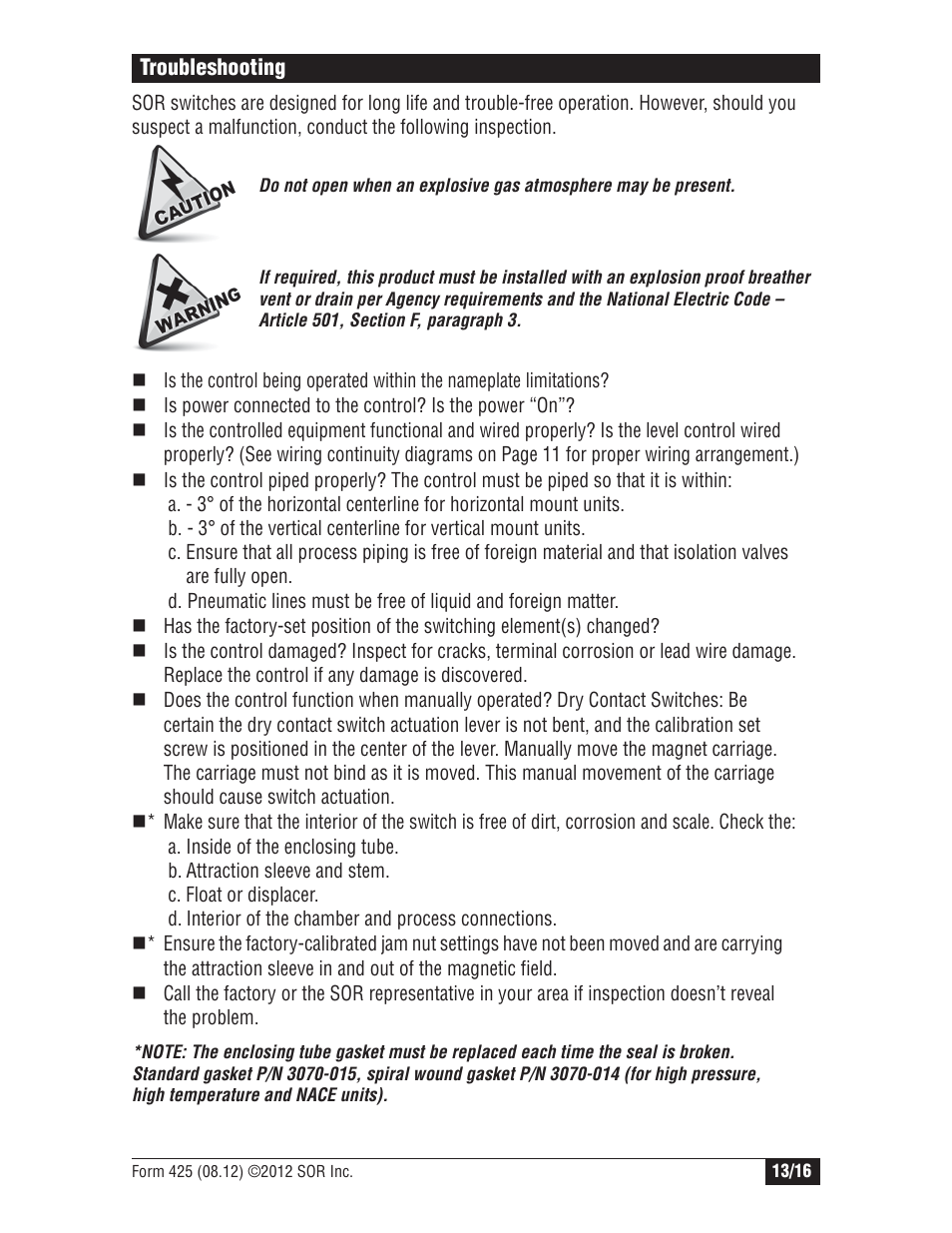 SOR Vertical Displacer Top Mounted Series Level Switch User Manual | Page 13 / 16