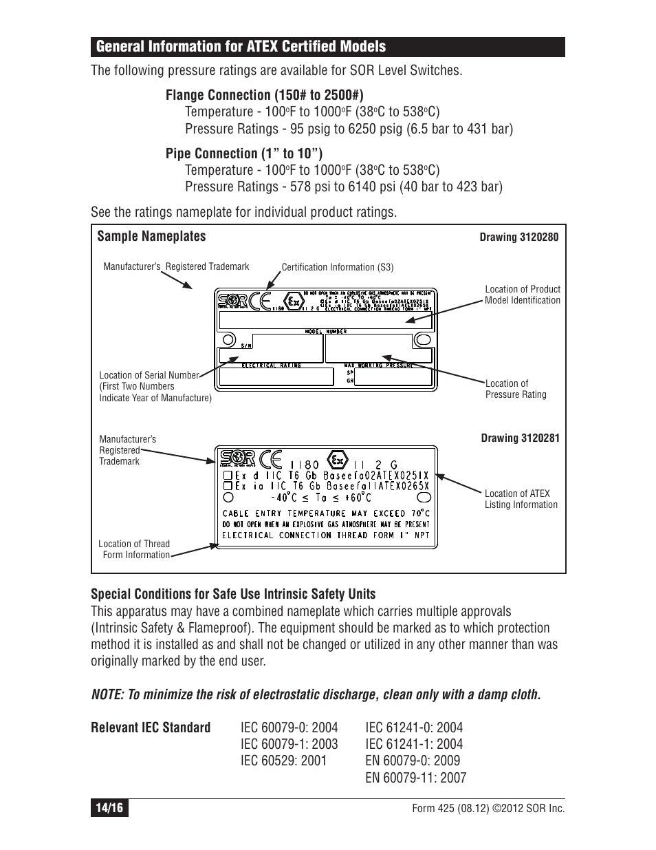 General information for atex certifi ed models | SOR Vertical Displacer Top Mounted Series Level Switch User Manual | Page 14 / 16