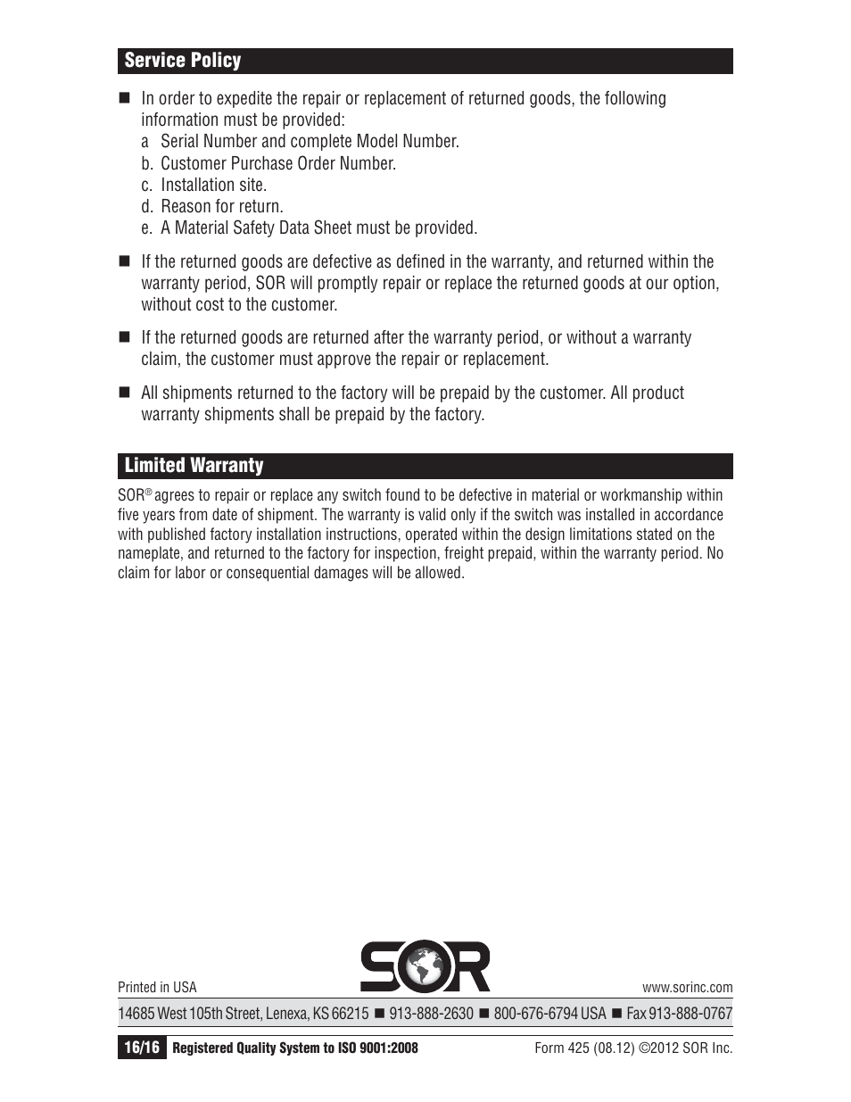 SOR Vertical Displacer Top Mounted Series Level Switch User Manual | Page 16 / 16