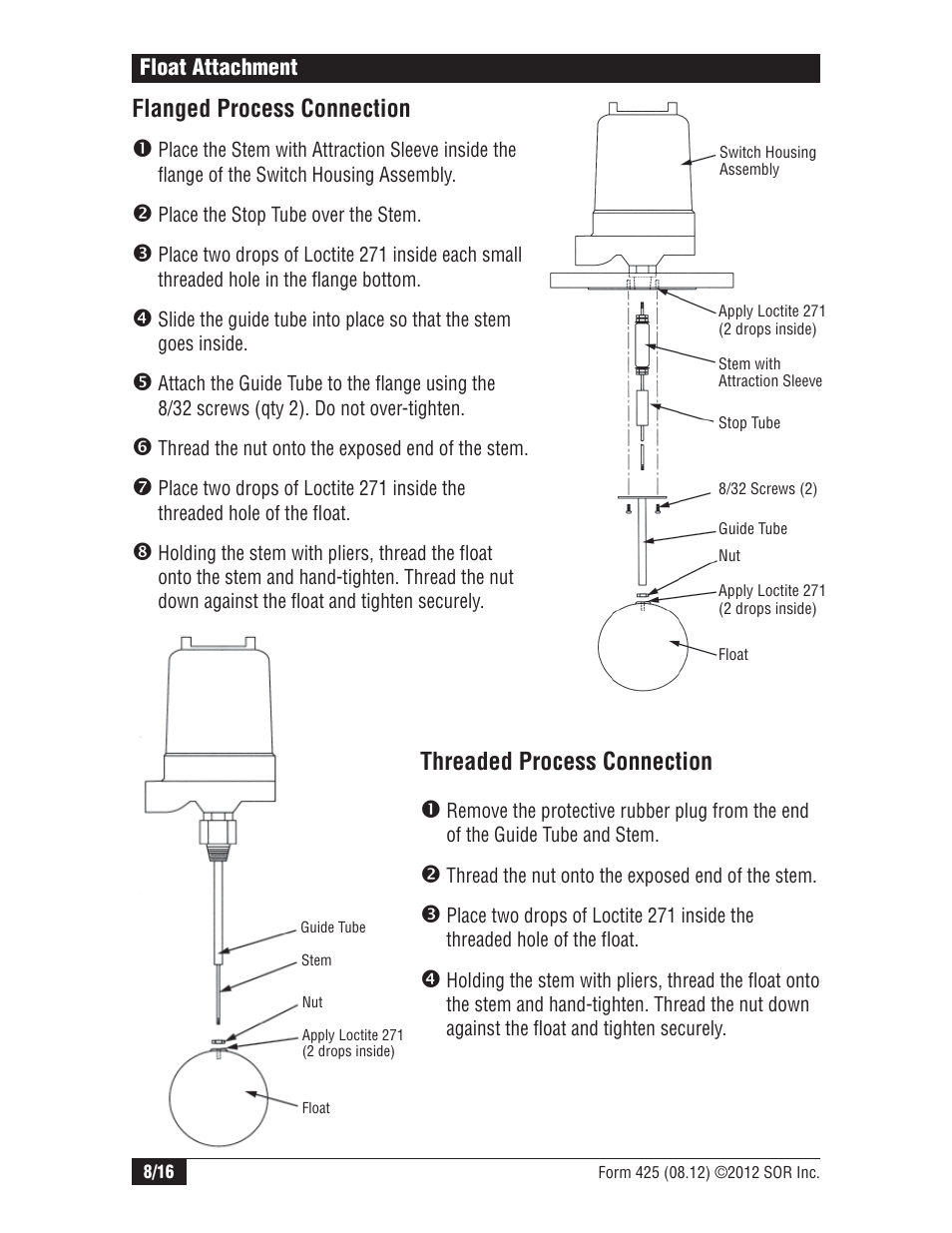 Flanged process connection, Threaded process connection | SOR Vertical Displacer Top Mounted Series Level Switch User Manual | Page 8 / 16