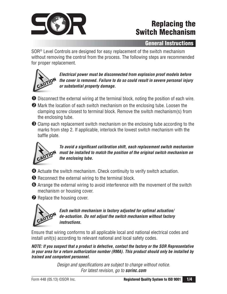 SOR Sealed Level Switches User Manual | 4 pages