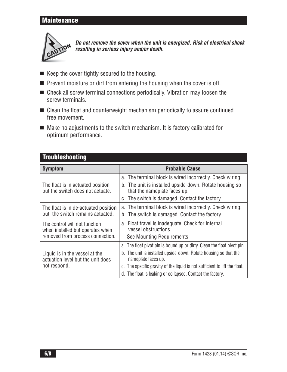 SOR Sealed Level Switches User Manual | Page 6 / 8