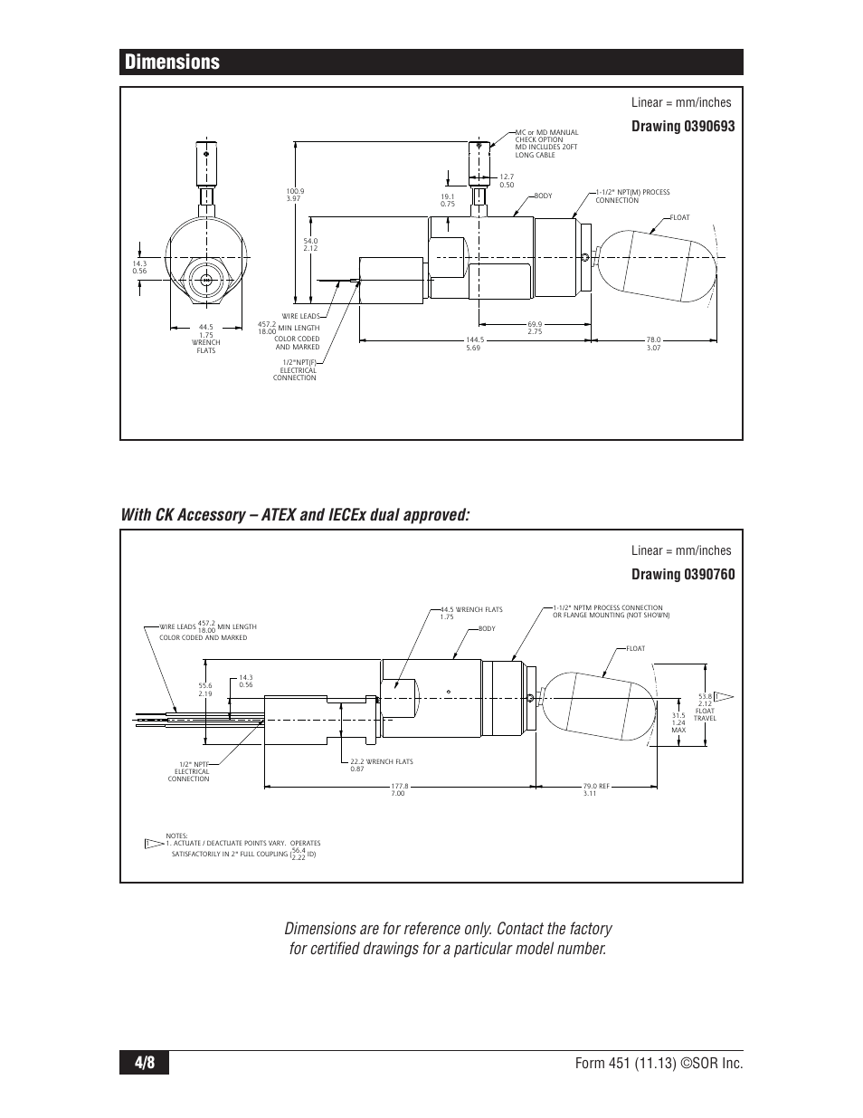 Dimensions, With ck accessory – atex and iecex dual approved, Linear = mm/inches | SOR 1510 Side Mounted Level Switch User Manual | Page 4 / 8
